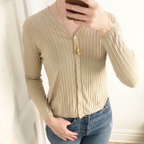 Vintage 100% Silk Ribbed V-Neck Cardigan Sweater - Picture 6 of 6